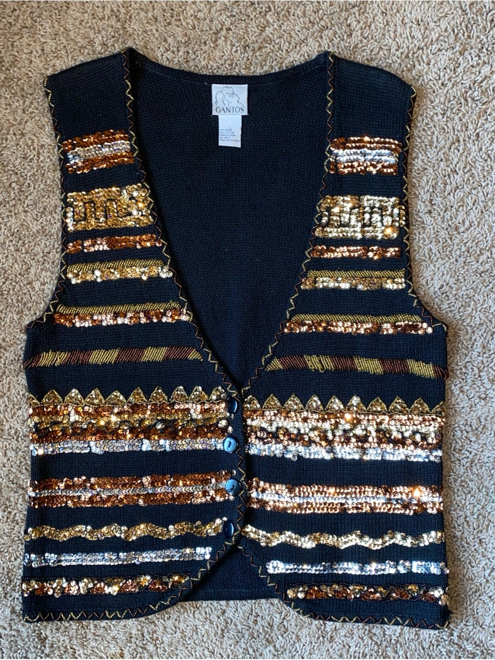 Vintage 80s Gantos Sequin Sweater Vest Women’s L Black Gold Boho Festival Beaded